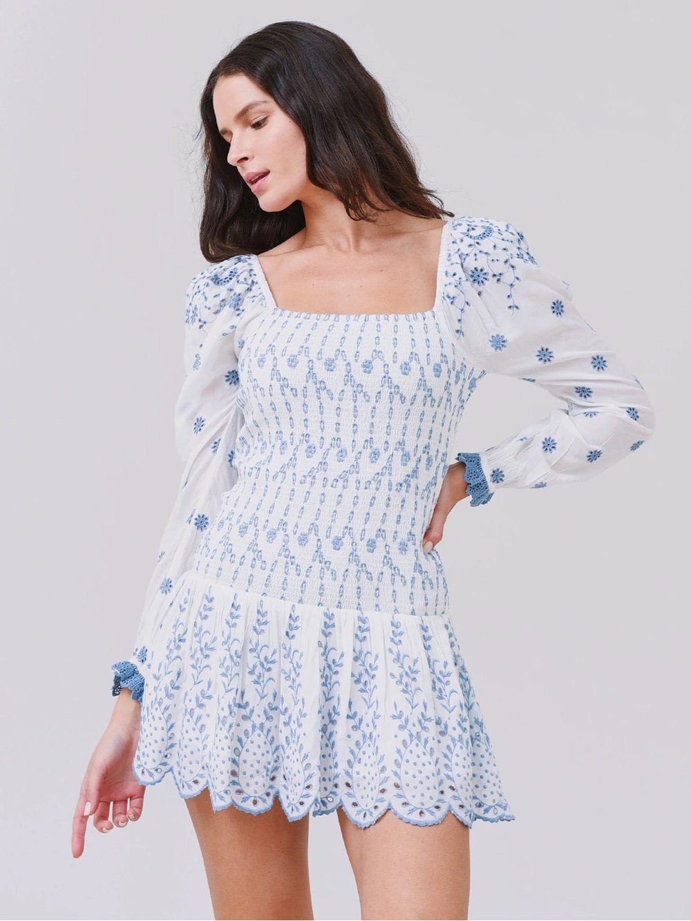 LoveShackFancy Long-Sleeve Blue and White Mini Dress